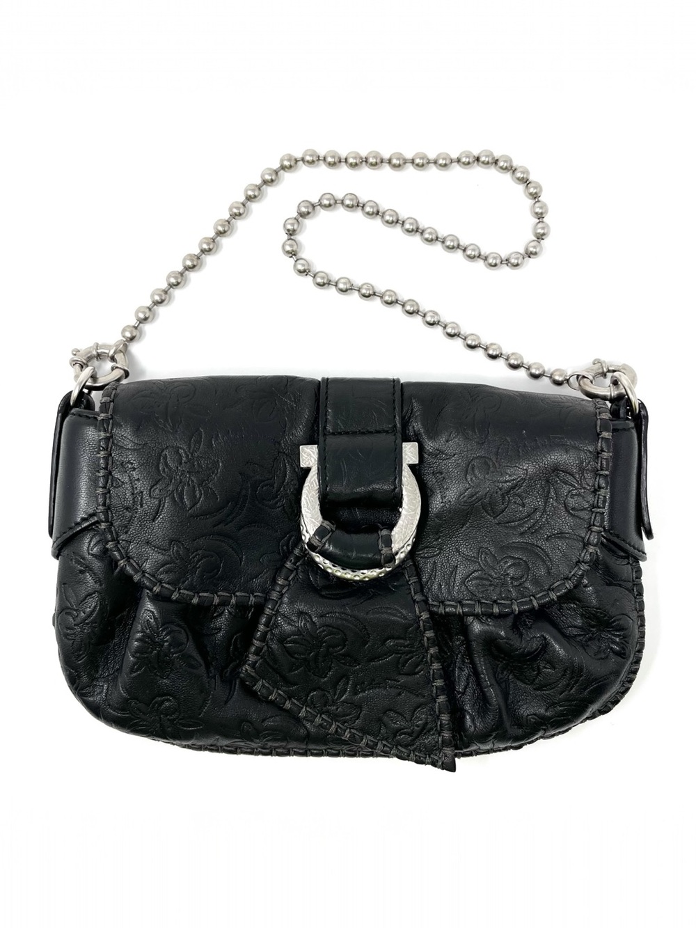 RARE Vintage Ferragamo 90s Y2K Gancini Black Floral Leather Mini Shoulder Bag